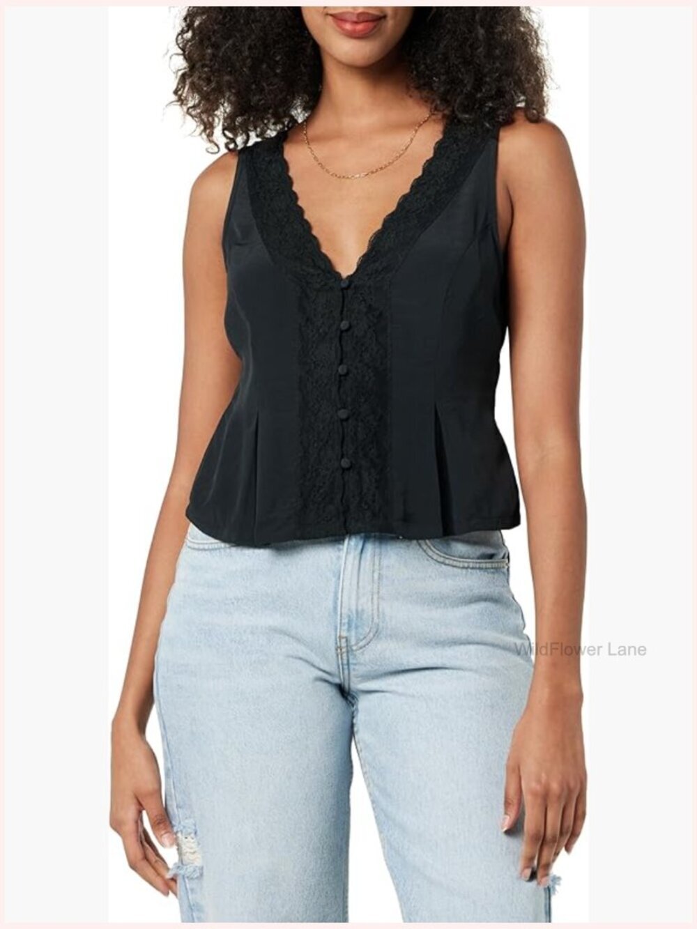 Lace Trimmed V-Neck Sleeveless Top - Button Front